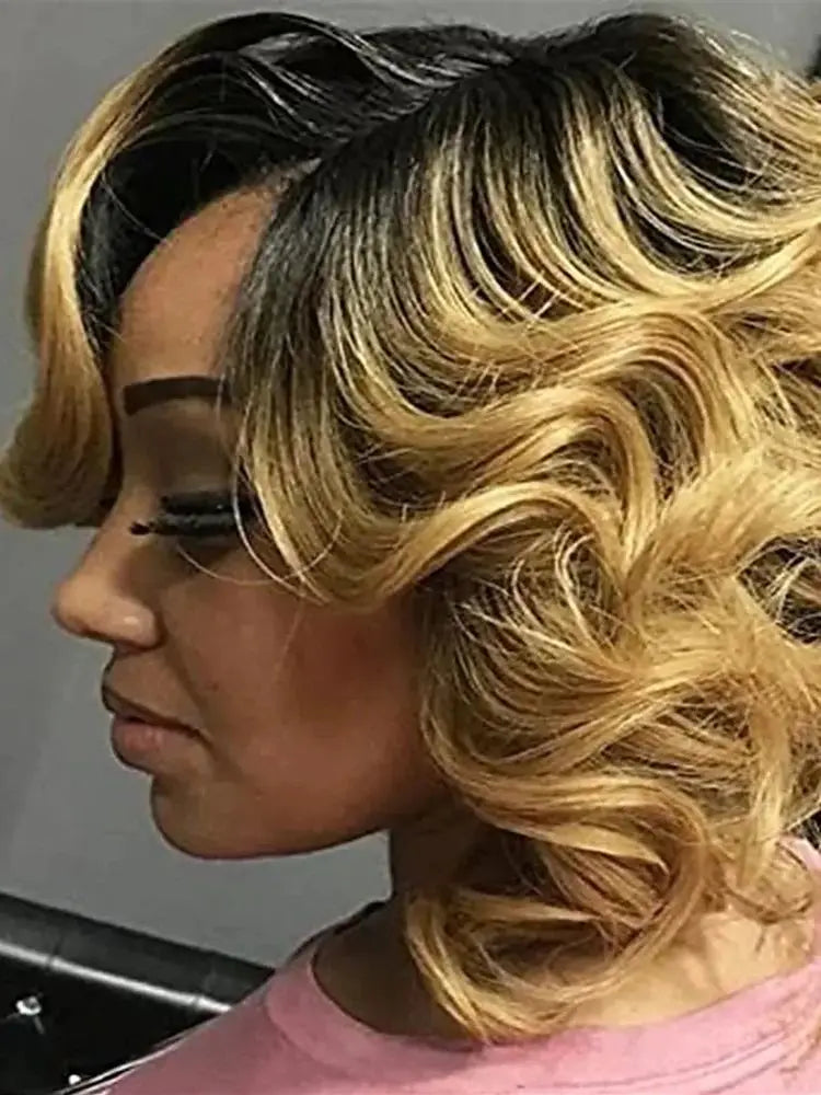 12 Inch Natural Synthetic Wigs for Women Short Black Gradient Gold Wig Heat Resistant Hair For Daily Use Festival Ball Halloween