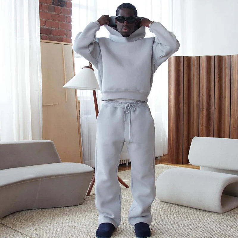 Casual Solid Hooded Pullover Straight Pants 2 Piece Set Tracksuit For Male Fashion Loose Hoodies Sweatshirt Wide Leg Sweatpants