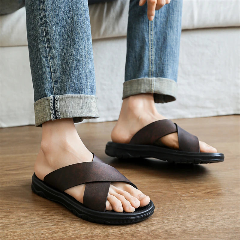 YRZL Men Casual Sandals Lightweight Comfortable PU Leather Summer Slippers Non Slip Outdoor Shoes for Beach Walking Flip Flops