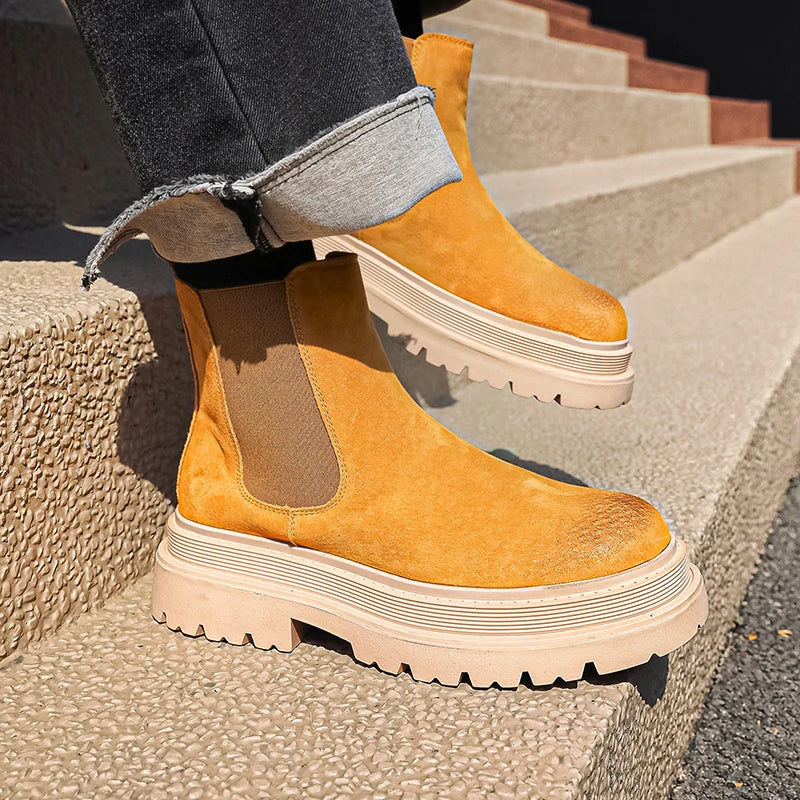 large size men casual party nightclub high chelsea boots slip-on cow suede leather shoes cowboy platform boot autumn winter bota