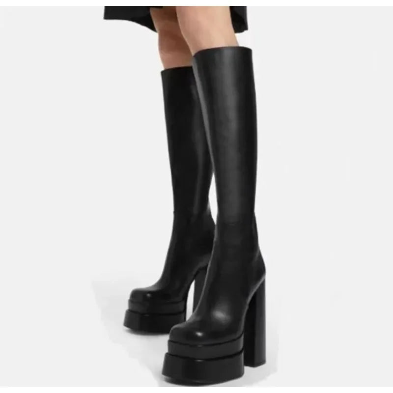 Mature Women Boots Mature Knight Boots Square Heel New Double Layered Water Platform Ultra High Heels Tall Boots Women Shoes
