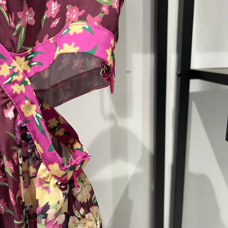 Waist Hollow out Women's Long Dress Deep V Short Sleeve 2025 Summer Lady Floral Printed Robe