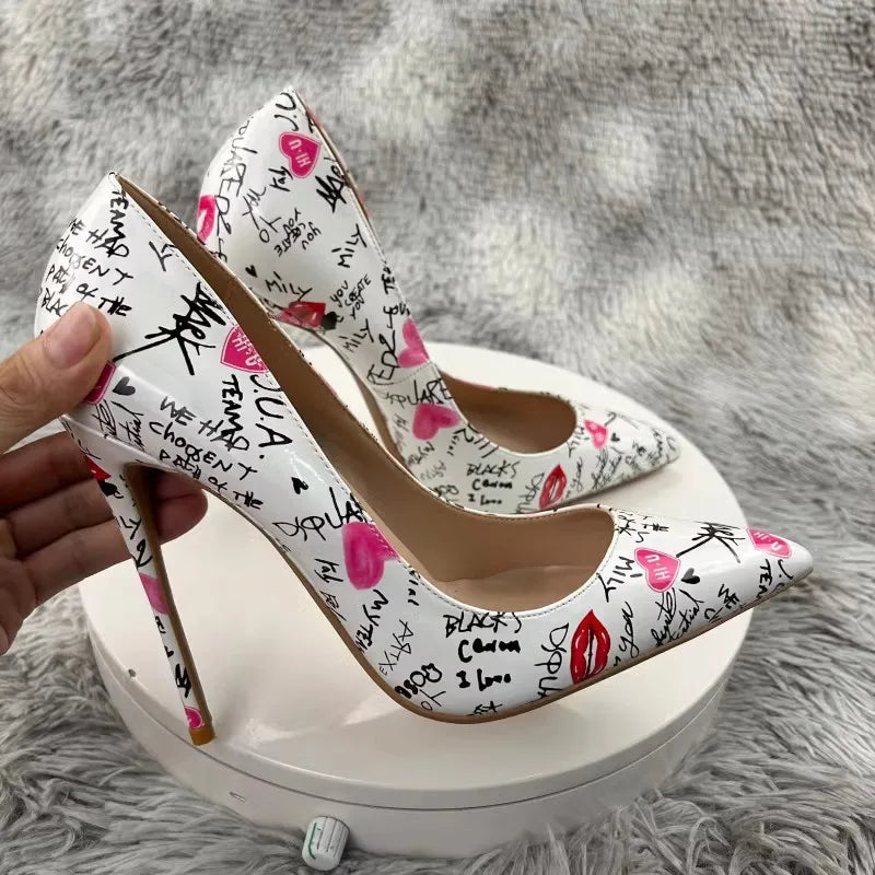 New Fashion White Artistic Graffiti Print Pointed Toe High Heel Shoes 8-12CM Women Sexy Stiletto Party Dress Shoes Plus Size 45