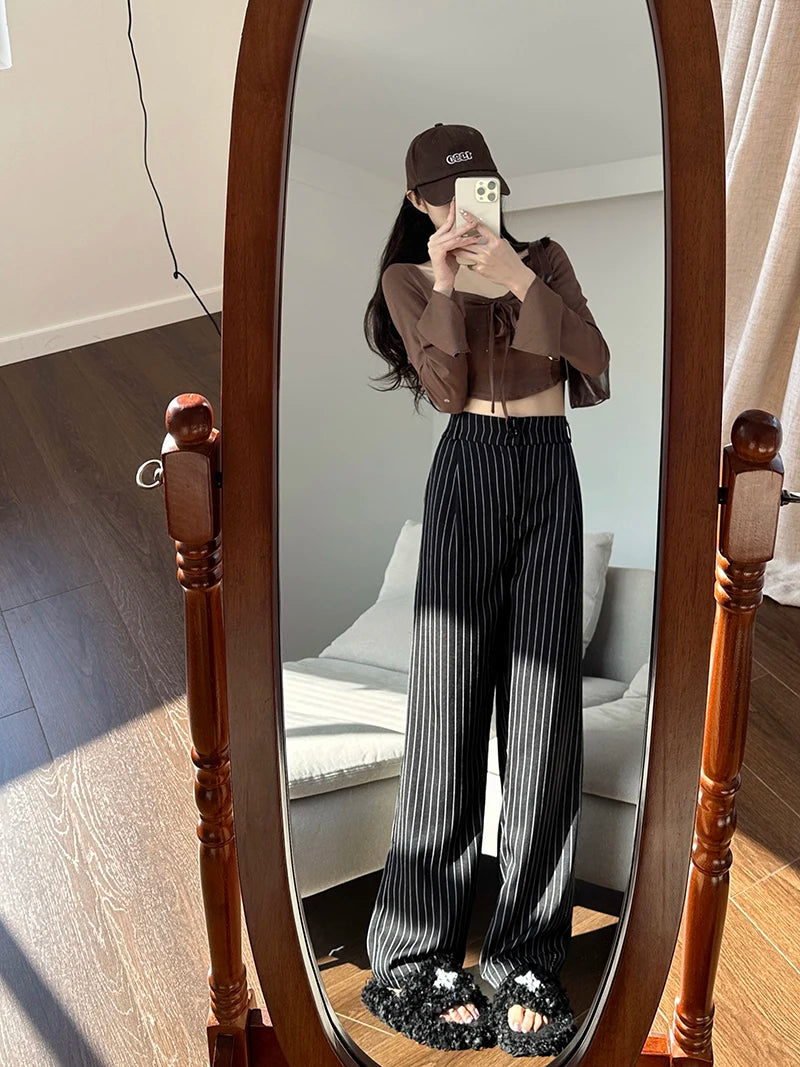 Slimming High Waist Trousers Women's Loose Striped Wide Leg Pants Korean Sle Commute Faion plus Size Long Trousers