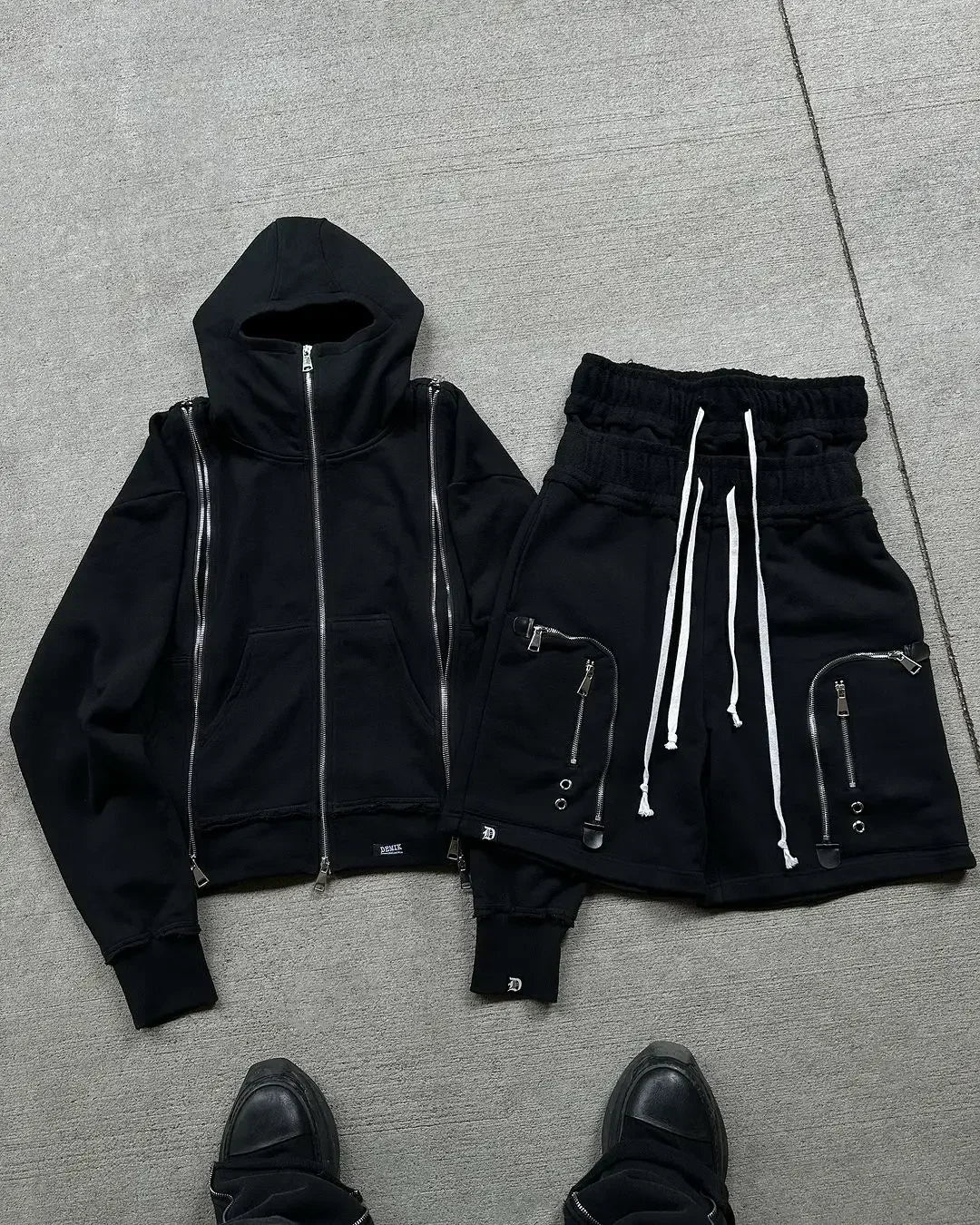 Black Hip Hop Men Zipper Hooded Sweatshirt Double-Waist Zipper Suit American Vintage Retro Fashion New Trend Streetwear