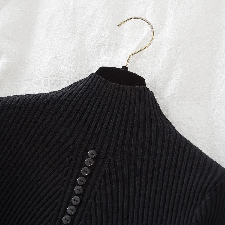 Women Turtleneck Pullovers Autumn Winter Jumper Knitted Basic Top Fashion Solid Color with Button Long Sleeve Ladies Sweater