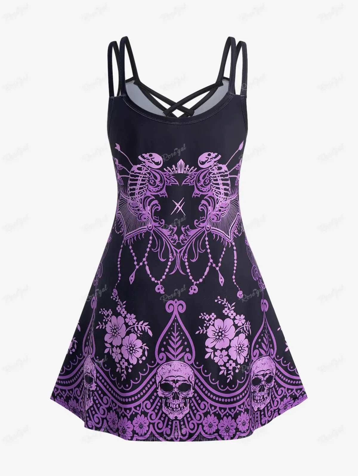 ROSEGAL Halloween 3D Printed Dresses Plus Size Crisscross Skull Print Dress Summer Casual Sleeveless Vestidos 5XL