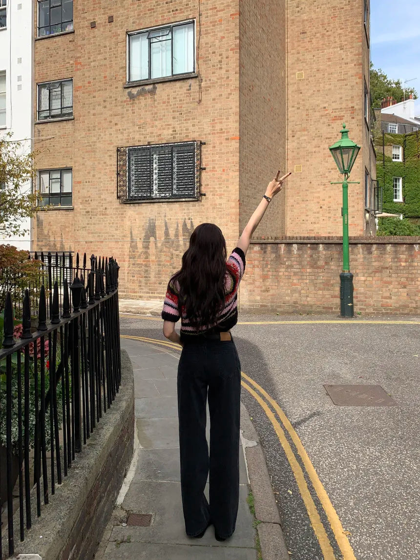 Chic Vintage Heavyweight Knitted Loose ort Sve Striped Sweater for Women Summer Collection oulder Sve