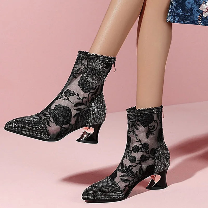 Luxury Crystal Pointed Toe Fashion Boots Women Thick Heel Zipper Ladies Party Shoes Black White Lace Mesh Sexy Female Ankle Boot