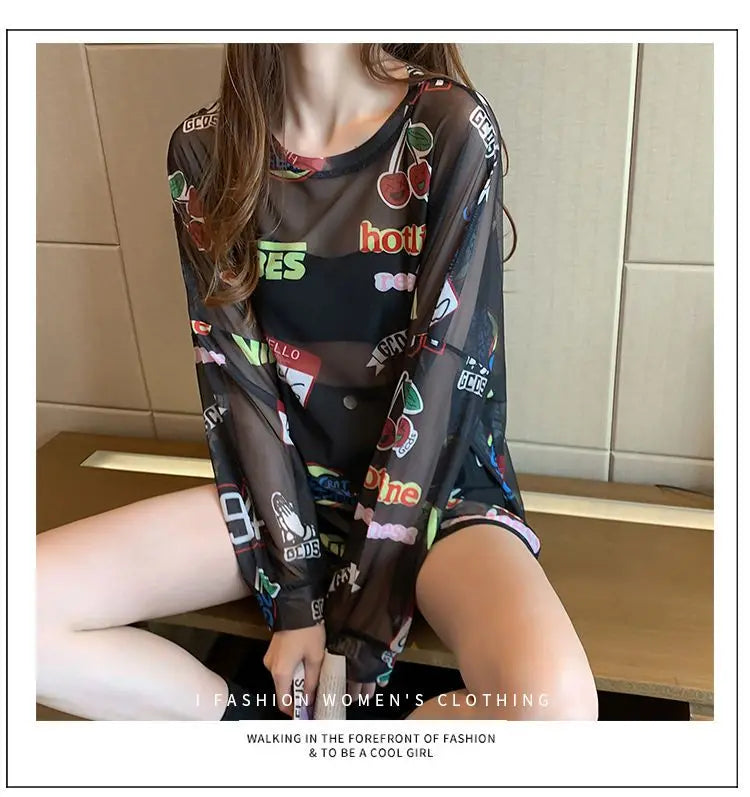 Women Letter Graphic Print Sexy Sheer Mesh Harajuku Y2K T Shirt Summer Trendy Long Sleeve Thin Tees Casual Streetwear Tops Ropa