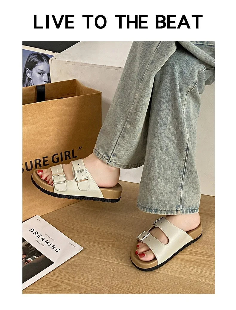 Women's Belted Sandals Roman Style PVC Material Open Toe Metal Decorated Flat Heels Spring Summer Outdoor Wear Fashionable Versa