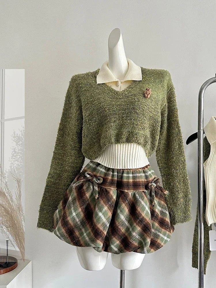 Autumn Winter Korean Cute Knitt 3 Piece Set Women Y2k Outfits Long Sleeve Crop Sweater + Knit Lapel Tank Tops + Mini Plaid Skirt