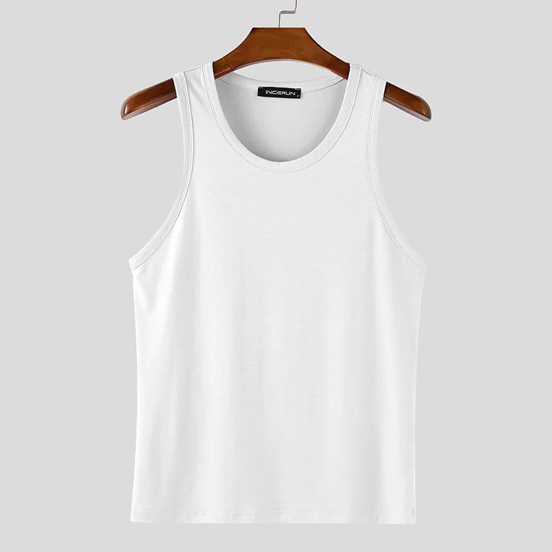 INCERUN Men Tank Tops Solid Color O-neck Sleeveless Casual Male Vests Summer Streetwear 2025 Fashion Skinny Leisure Men Clothing