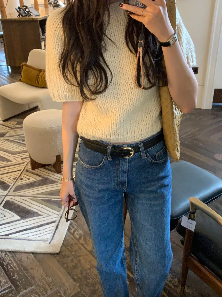 Chic Vintage Heavyweight Knitted Loose ort Sve Striped Sweater for Women Summer Collection oulder Sve
