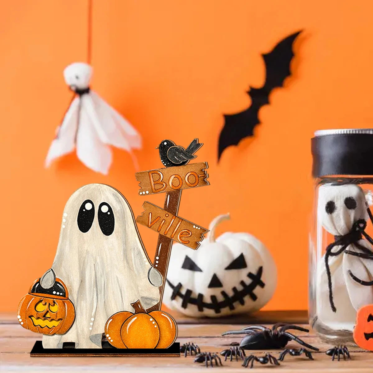 Halloween Wooden Ghost Decor with Pumpkin Bucket and "Boo - ville" Sign - Festive Home Decoration