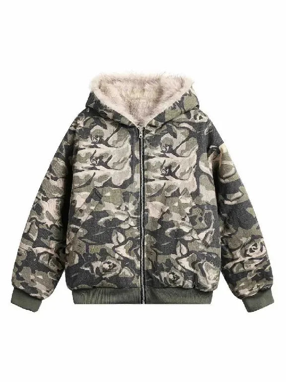 Street Style Warm Leaf Camouflage Plus Velvet Hooded Jacket Womens Mens Camouflage Zipper Jacket with Faux Fur Casual Coats