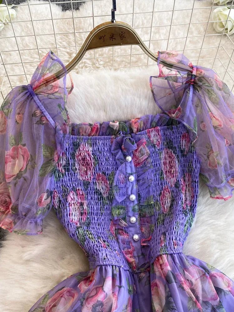 Summer Women Floral Mesh Midi Dress Sweet Square Collar Short Puff Sleeve Ruffle Vestidos Female Elegant Purple/Green/Red Robe