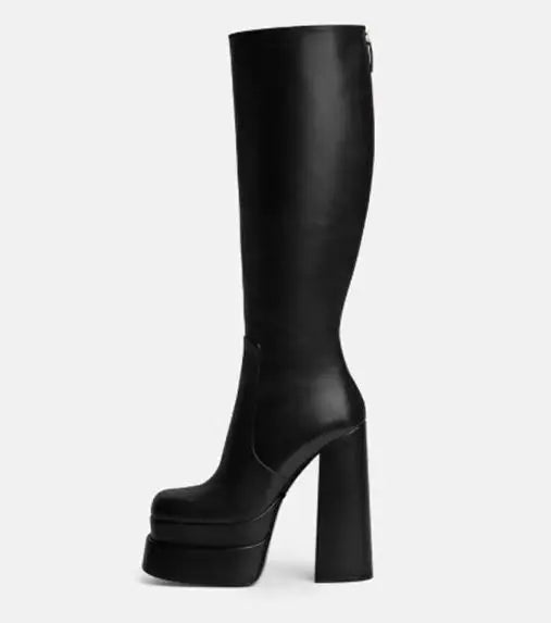 Mature Women Boots Mature Knight Boots Square Heel New Double Layered Water Platform Ultra High Heels Tall Boots Women Shoes