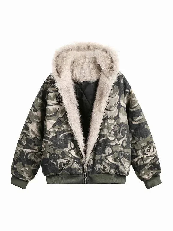 Street Style Warm Leaf Camouflage Plus Velvet Hooded Jacket Womens Mens Camouflage Zipper Jacket with Faux Fur Casual Coats