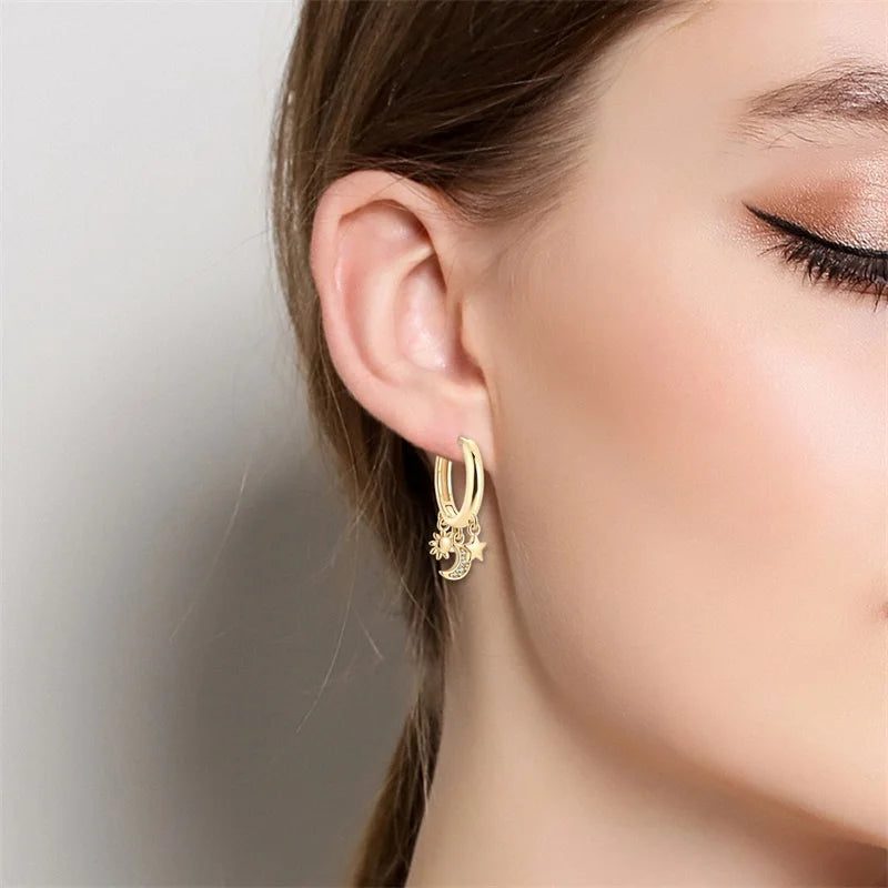 New in 925 Silver Color Gold Pearl Bee Irregularity Star Moon Earrings For Women 2024 Trending Fashion Jewelry Birthday Gifts
