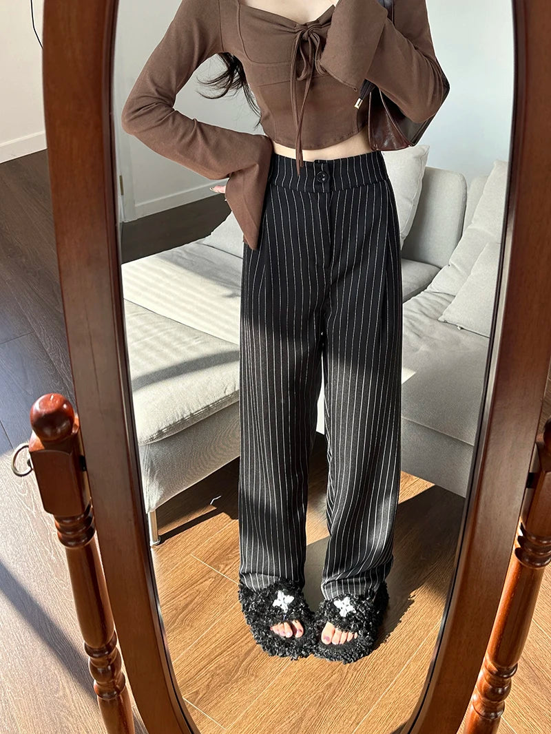 Slimming High Waist Trousers Women's Loose Striped Wide Leg Pants Korean Sle Commute Faion plus Size Long Trousers
