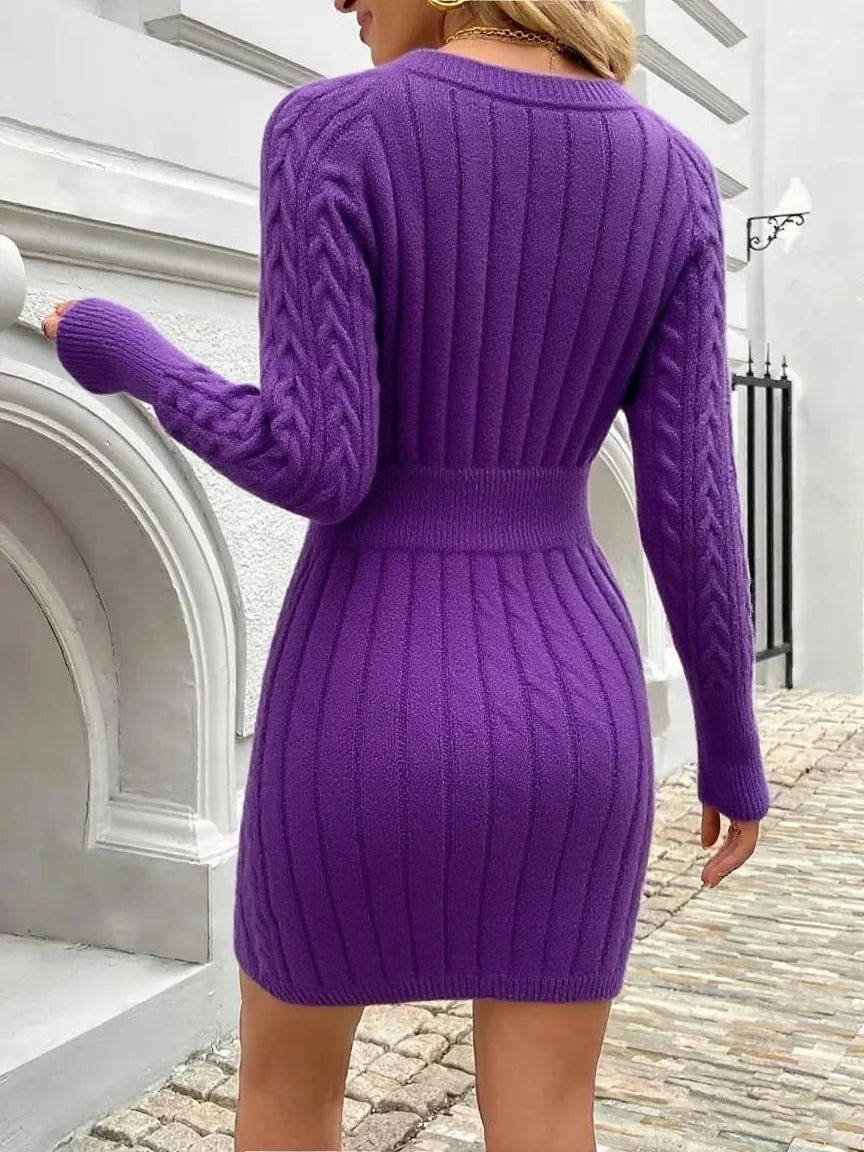 Autumn Winter Retro Twisted Knit Dress for Women, Purple Waist-Defining Slimming Round Neck Long Sleeve Bodycon Sweater Dress