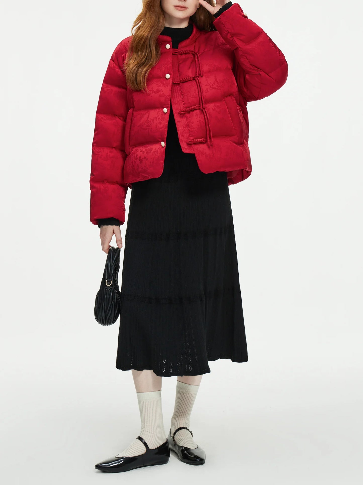 FSLE 115.2G Filling Amount Stand-up Collar New Chinese Style Down Coat For Women 2024 New Jacquard Warm Casual Jacket 24FS14068