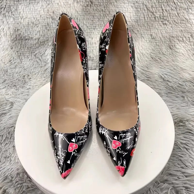New Fashion White Artistic Graffiti Print Pointed Toe High Heel Shoes 8-12CM Women Sexy Stiletto Party Dress Shoes Plus Size 45