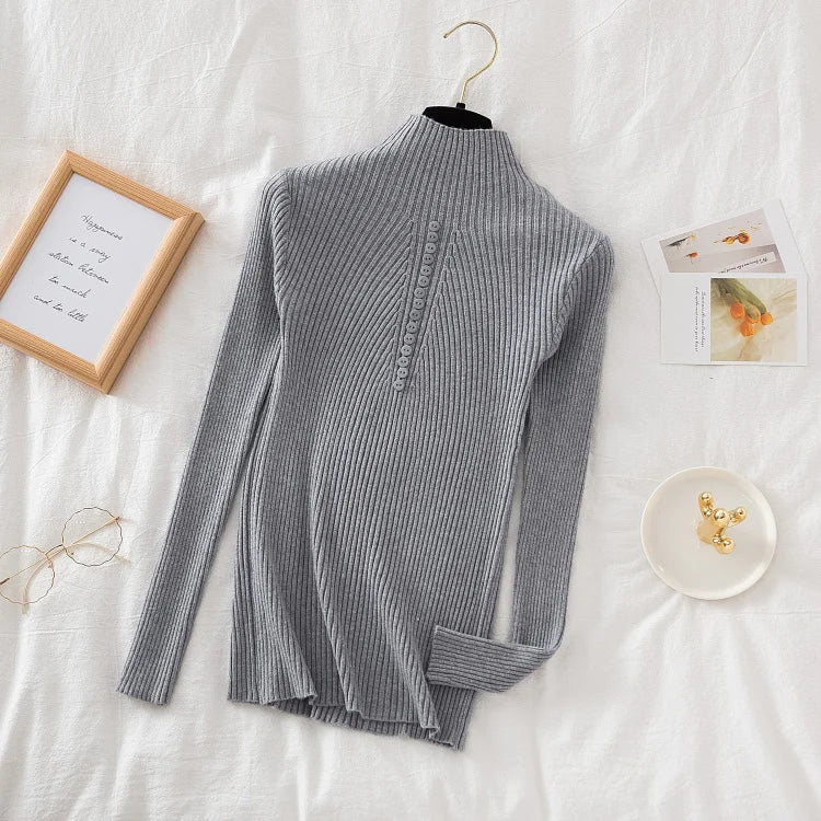 Women Turtleneck Pullovers Autumn Winter Jumper Knitted Basic Top Fashion Solid Color with Button Long Sleeve Ladies Sweater