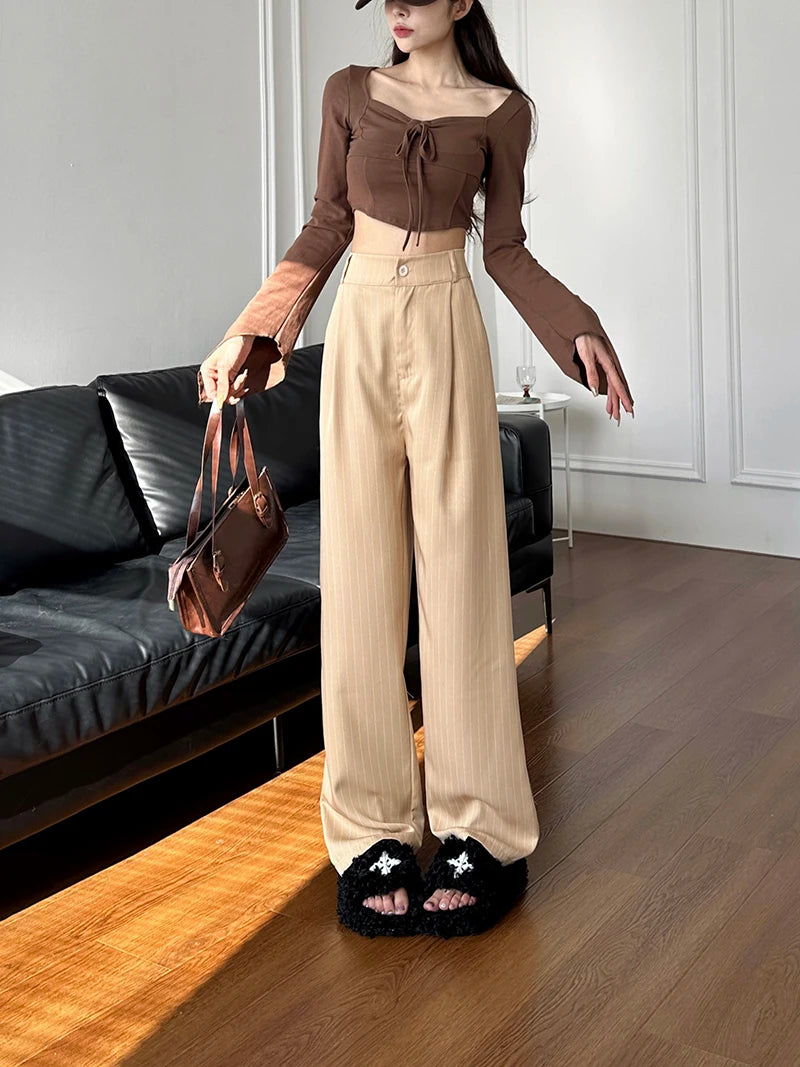 Slimming High Waist Trousers Women's Loose Striped Wide Leg Pants Korean Sle Commute Faion plus Size Long Trousers