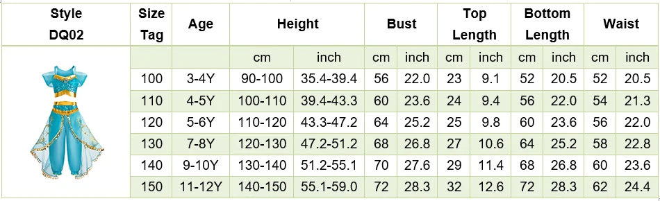 Kids Jasmine Tops and Pants Children Summer Halloween Costume Girls Princess Carnival Dress Up Performance Kids Cosplay Dresses