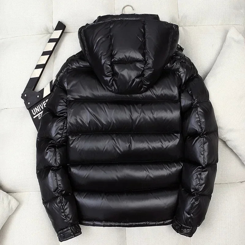 Mens Glossy Parka Casual White Duck Hooded Down Jacket Waterproof Windproof Ski Thick Warm Outwear Men Winter Fashion Shiny Coat