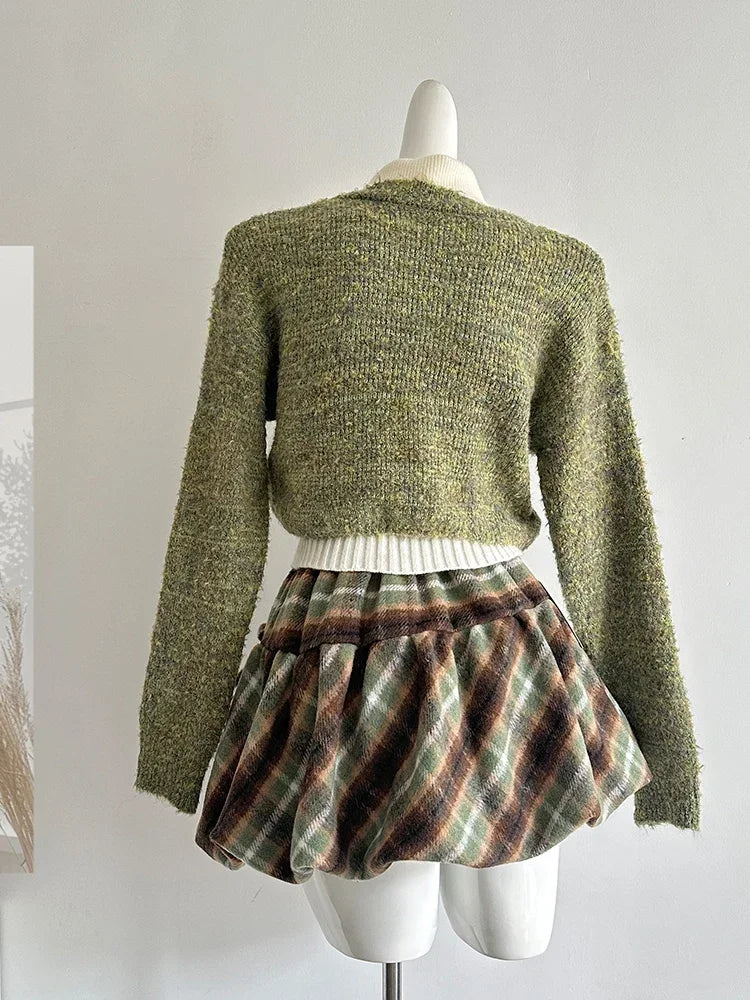 Autumn Winter Korean Cute Knitt 3 Piece Set Women Y2k Outfits Long Sleeve Crop Sweater + Knit Lapel Tank Tops + Mini Plaid Skirt