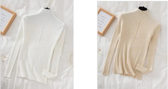 Women Turtleneck Pullovers Autumn Winter Jumper Knitted Basic Top Fashion Solid Color with Button Long Sleeve Ladies Sweater