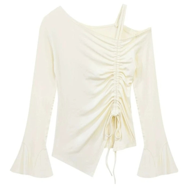 Women Spring Autumn Cotton Flare Sleeve T Shirts Solid Bodycone Basic Long Sleeve Crop Tops Casual Shirring Off-shoulder Tees