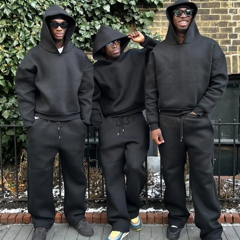 Casual Solid Hooded Pullover Straight Pants 2 Piece Set Tracksuit For Male Fashion Loose Hoodies Sweatshirt Wide Leg Sweatpants