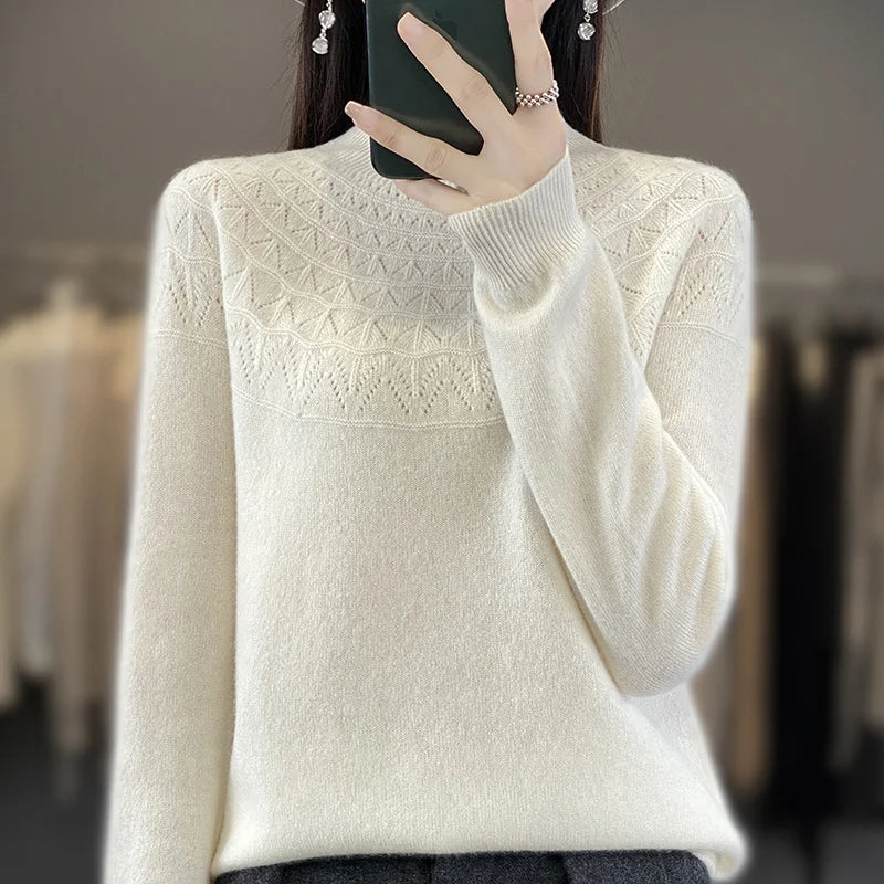 2024 New Line Of Garment Hollowed Out Half Height Women's High-grade Woolen Sweater 100% Pure Wool Multi-color Option WQ