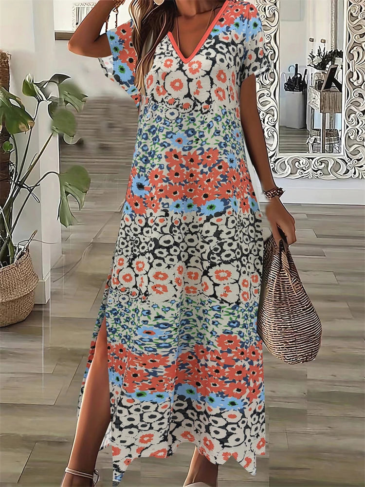 New 2025 Summer Women's Dresses Patchwork Geometric Printing Casual Temperament Dresses Fashion Beach Short Sleeve Dresses