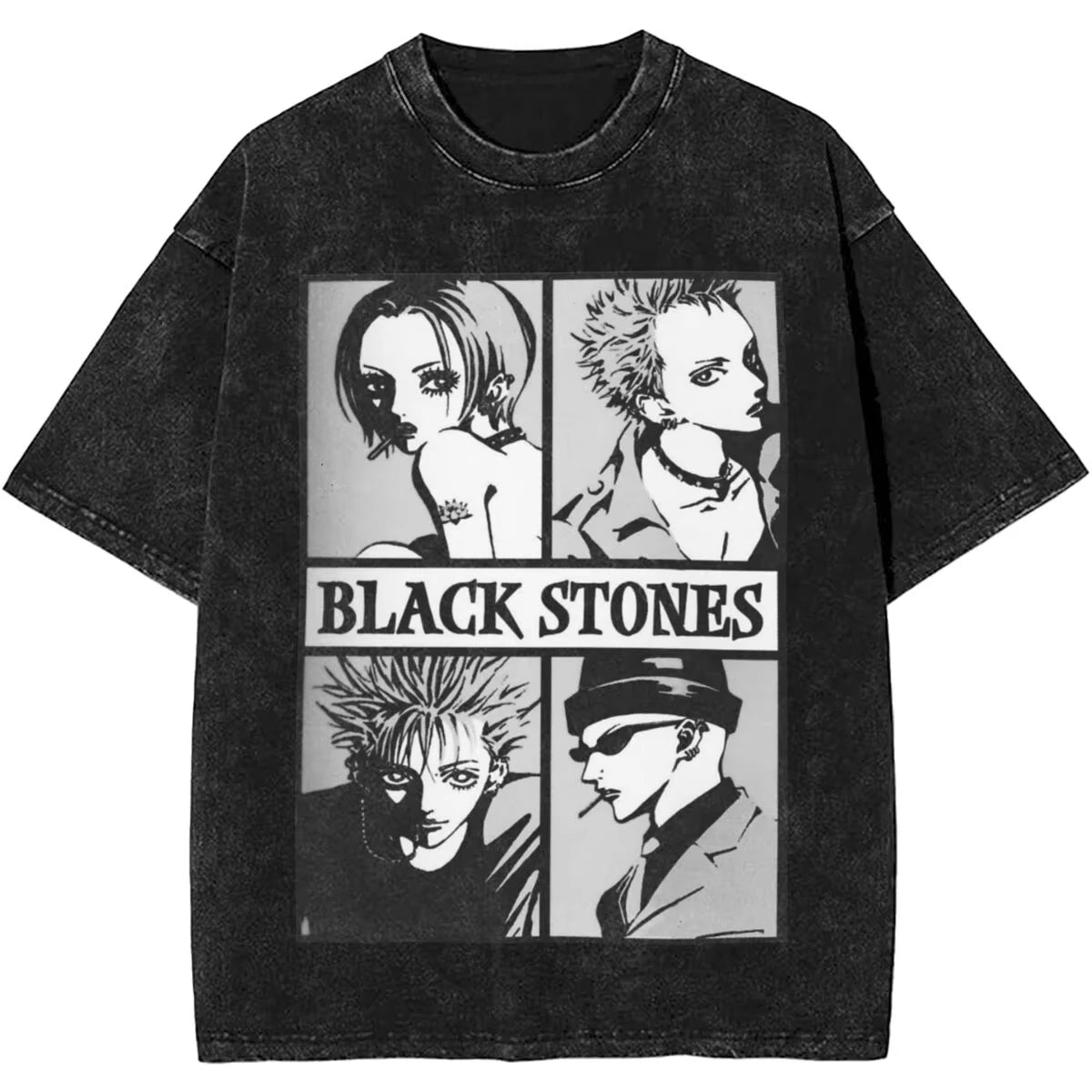 Men's Women Manga Black Stones Nana Vintage Washed T Shirts Trendy Tee Couple Summer Aesthetic Casual Clothing Hip Hop Oversized