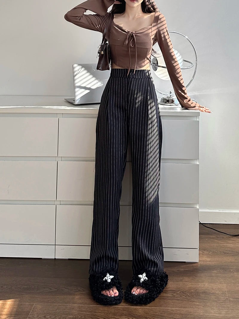 Slimming High Waist Trousers Women's Loose Striped Wide Leg Pants Korean Sle Commute Faion plus Size Long Trousers