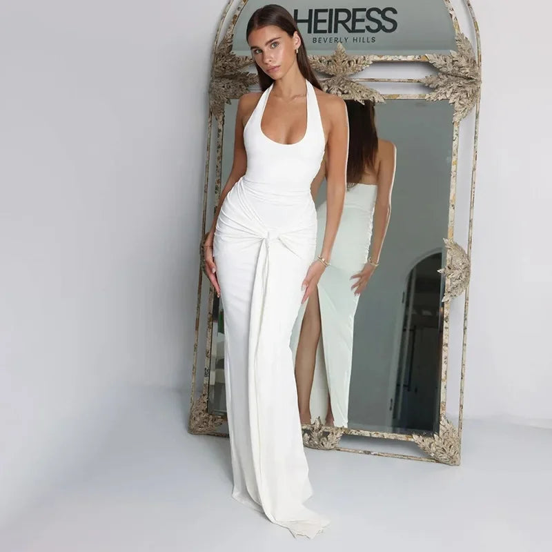 Chaxiao Halter Backless Ruched Sexy Maxi Dress Women Gown Fashion Sleeveless Backless Draped Bodycon Club Party Long Dresses