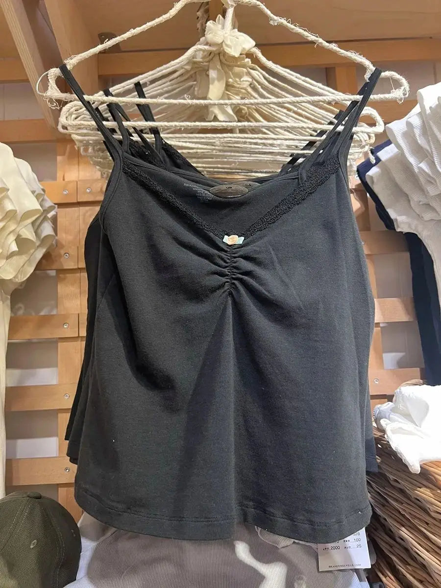 Lace Trim Black Tank Shorts Set Woman Summer Rose Folds V-neck Camisole+Bow Elastc Waist Panties Cotton Home Pajama 2 Piece Sets