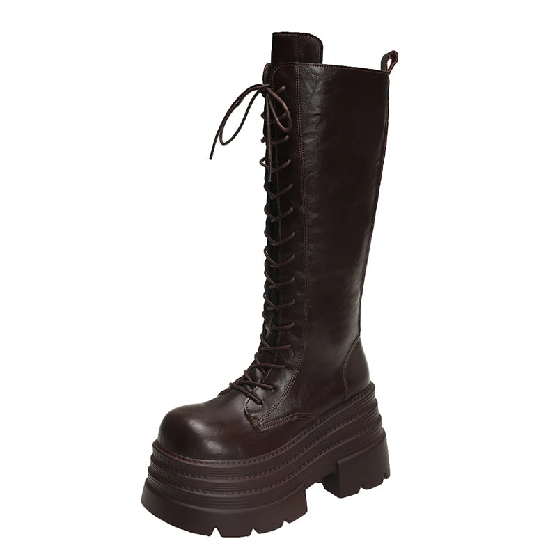 New Women's Roman Long Boots Autumn Winter Knee-high Leather Punk Shoes Chunky Platform Casual Knight Boots Botas Mujer 10CM
