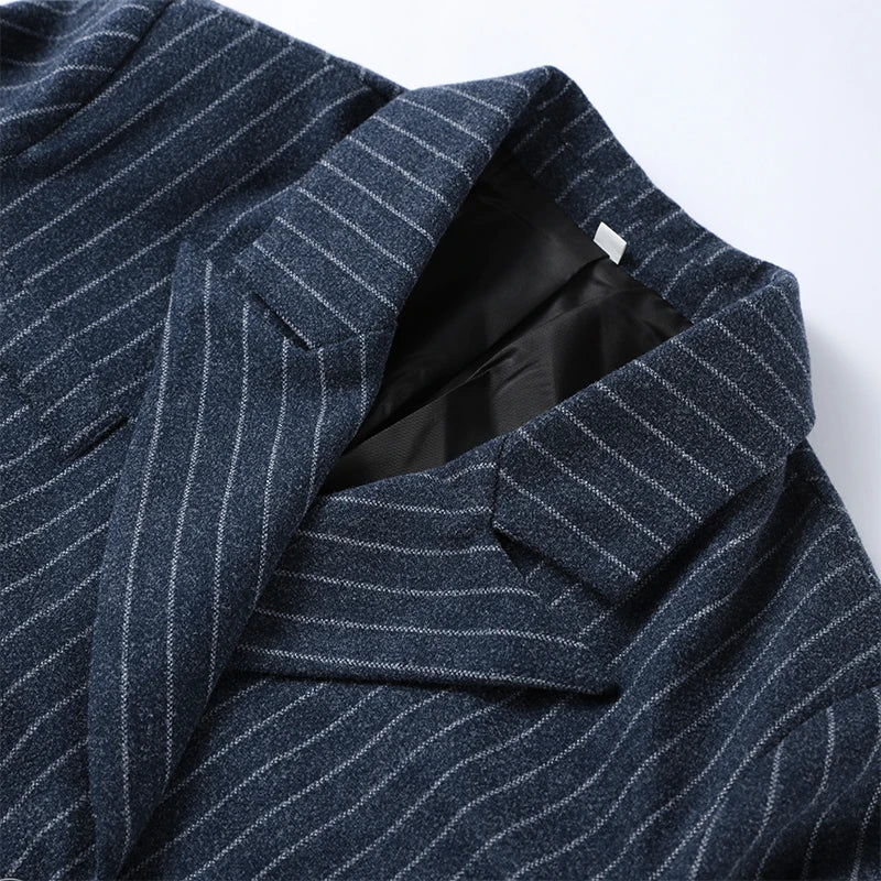 Casual Stripe Long Coat Women's Stylish V-neck Double-breasted Blazer With Shoulder Pad 2025 New Autumn Winter Ladies Outwear