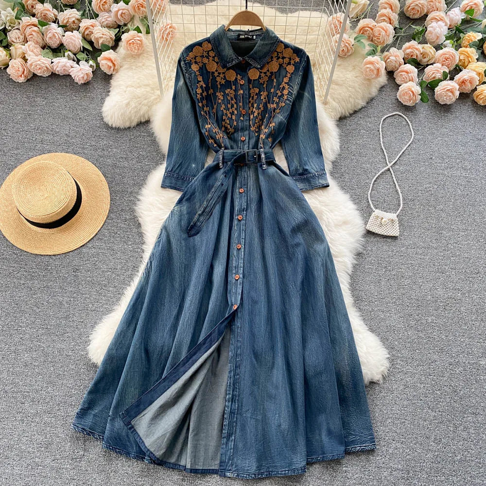 AYUALIN Denim Long Dress for Women Ethnic Floral Embroidery Boho A-line Casual Summer Vestidos Lapel Long Sleeve Dresses Lady