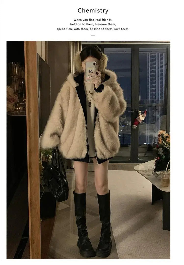 Double-Sided Warm Fur Coat Women Autumn Winter Loose Thicken Plush Cotton Coat 2025 New Women Hooded Imitation Mink Fur Outwear