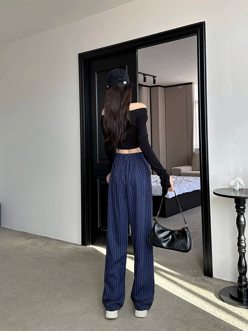Slimming High Waist Trousers Women's Loose Striped Wide Leg Pants Korean Sle Commute Faion plus Size Long Trousers