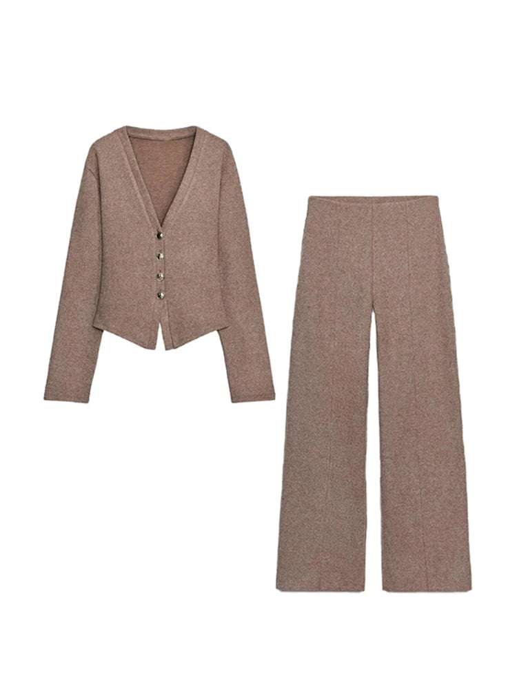 Casual Knitted Pant Suit Women Solid V-neck Full Sleeve Button Jacket Wide Trouser 2025 Autumn Fashion 2 Pieces Set Lady Outfits