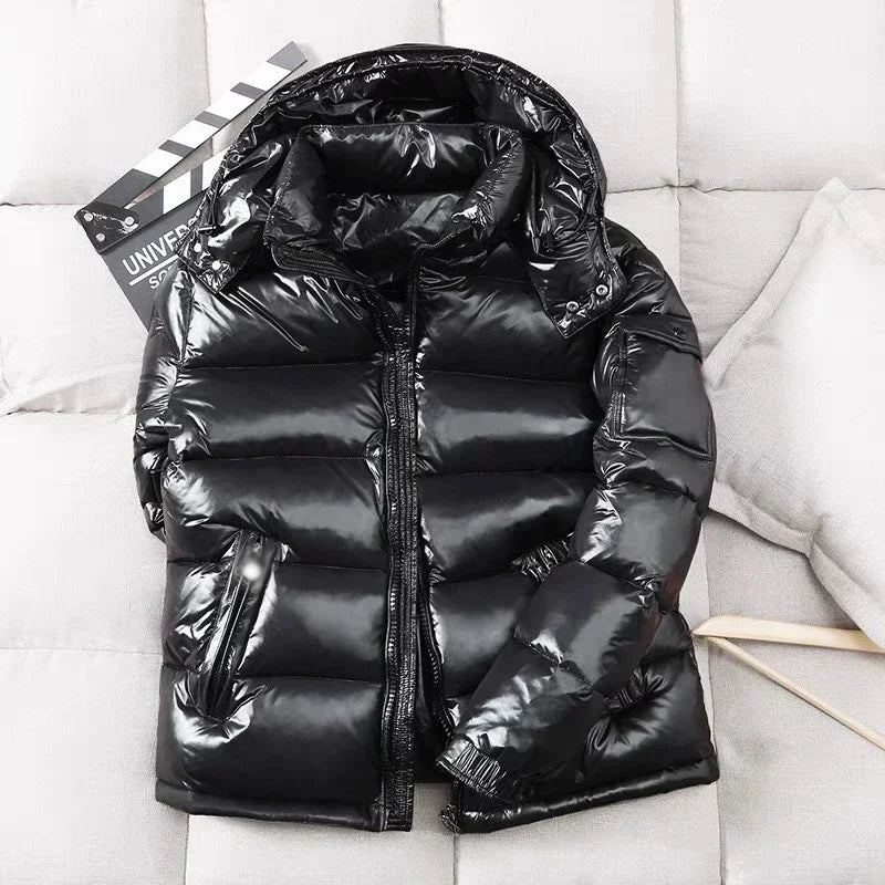 Mens Glossy Parka Casual White Duck Hooded Down Jacket Waterproof Windproof Ski Thick Warm Outwear Men Winter Fashion Shiny Coat