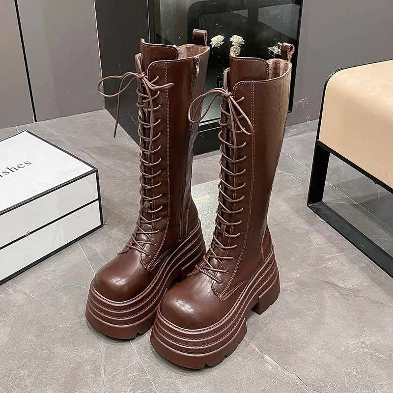 New Women's Roman Long Boots Autumn Winter Knee-high Leather Punk Shoes Chunky Platform Casual Knight Boots Botas Mujer 10CM